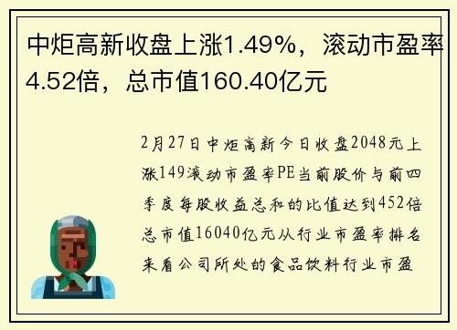 中炬高新收盘上涨1.49%，滚动市盈率4.52倍，总市值160.40亿元