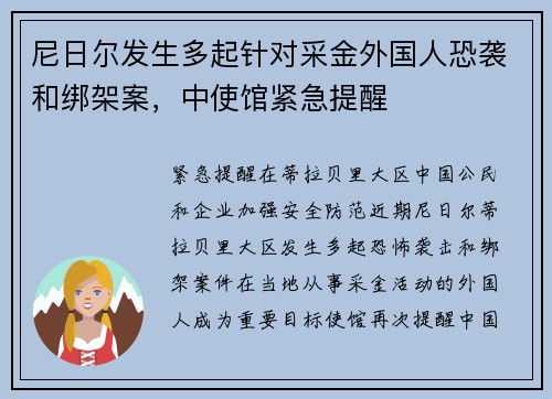 尼日尔发生多起针对采金外国人恐袭和绑架案，中使馆紧急提醒