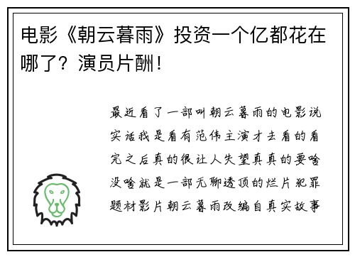 电影《朝云暮雨》投资一个亿都花在哪了？演员片酬！