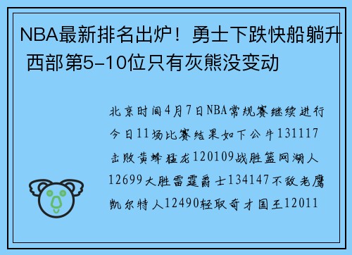 NBA最新排名出炉！勇士下跌快船躺升 西部第5-10位只有灰熊没变动